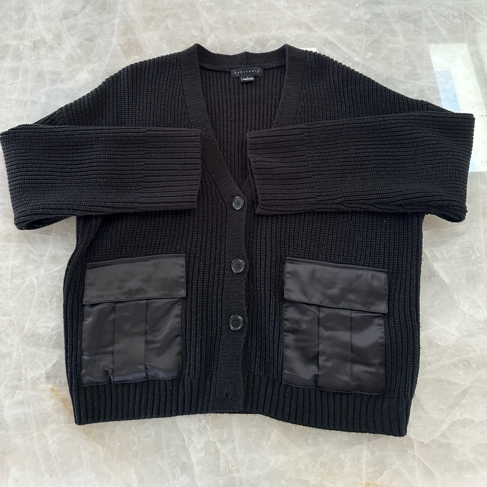 Sanctuary Trend Setter Cardigan – Black Ribbed w/ Satin Pockets – Size L
